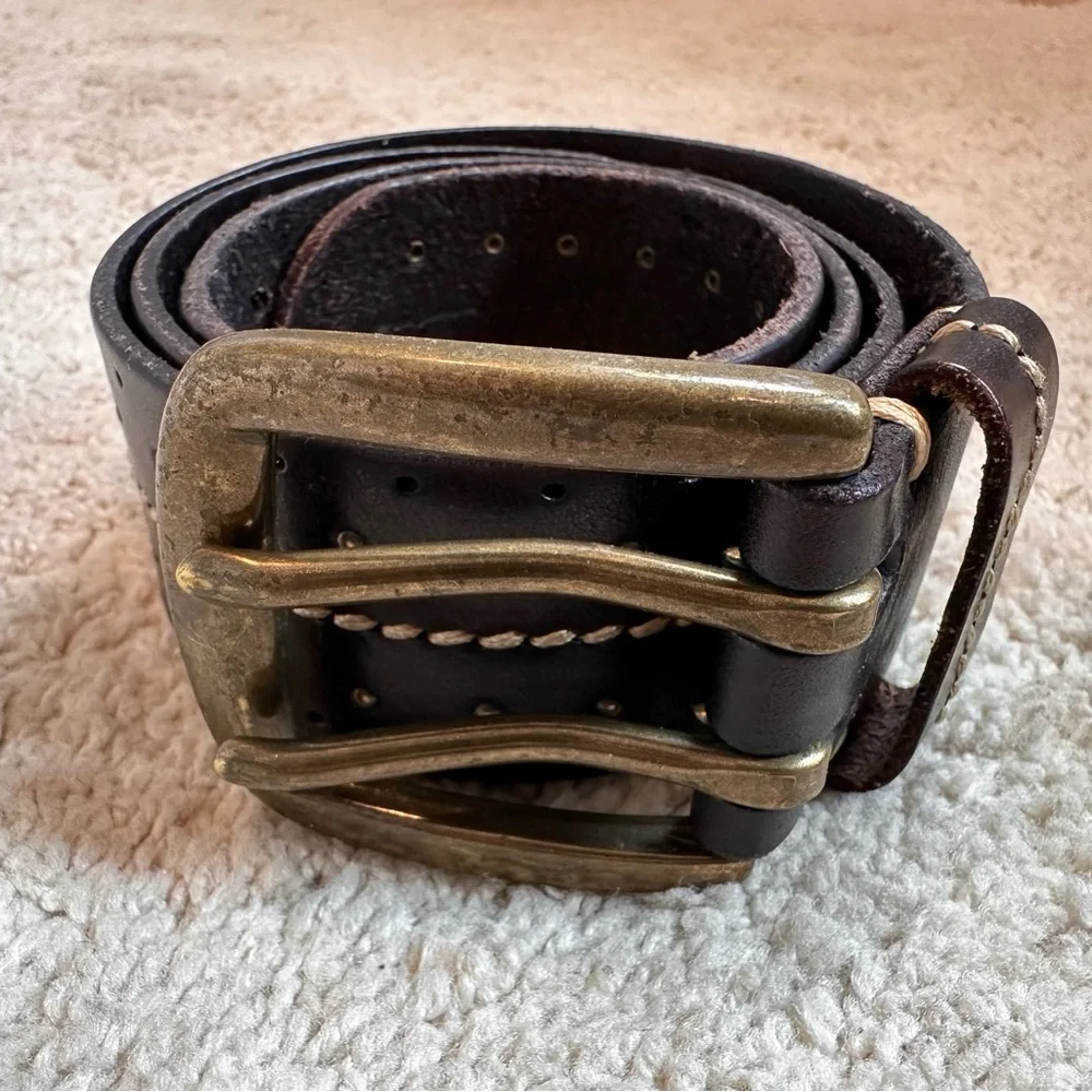 Lucky Brand Vintage Black Leather Wide Belt Tan Stitching Brass Buckle Size 32